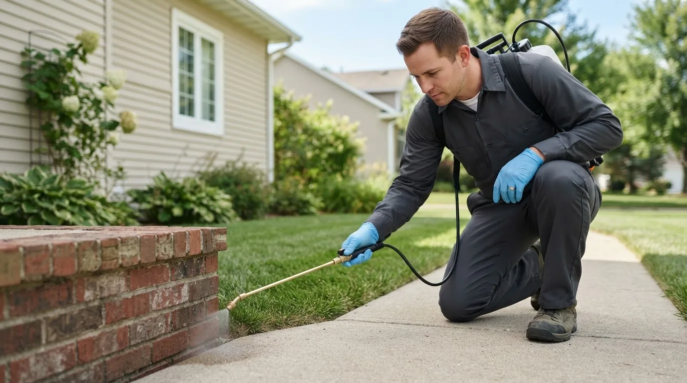 Pest control technician treating a home near Burlington, CO